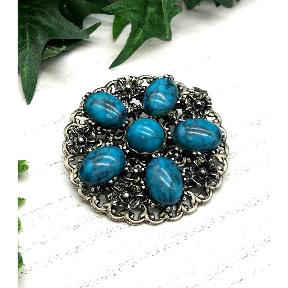 Vintage Round  Floral Design Silver-Tone Brooch Pin With Faux Turquoise Beads